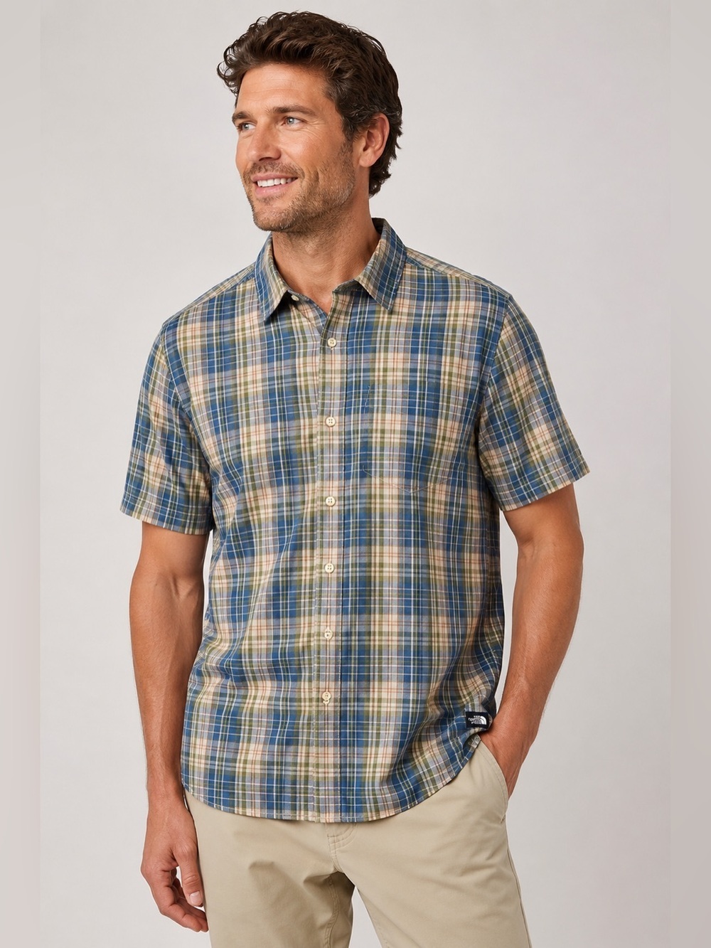 The North Face Short Sleeve Shirt Blue Green Plaid Hiking Camping Outdoor |L